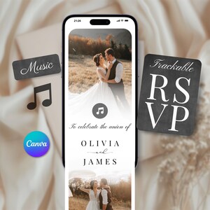 May include: A smartphone screen displays a wedding invitation with a photo of a couple. The text reads "To celebrate the union of Olivia and James." Additional elements include a music note, the word "Music," and a "Trackable RSVP" card.