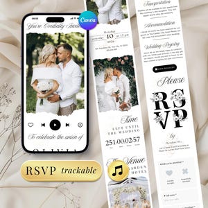 Könnte beinhalten: Digitales Hochzeitskarten-Design mit einem Foto eines Paares und RSVP-Details. Das Design enthält den Text "You're Cordially Invited" und "RSVP trackable". Die Einladung wird auf einem Smartphone und einer langen, vertikalen Karte angezeigt.