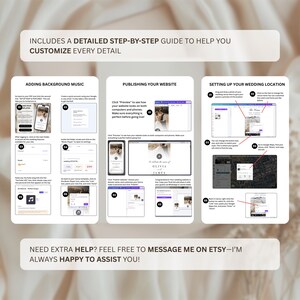 May include: A detailed step-by-step guide with instructions for customizing a website. The guide includes steps for adding background music, publishing the website, and setting up the wedding location. The text includes "Need extra help? Feel free to message me on Etsy."