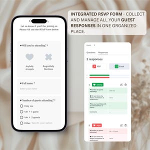 May include: A smartphone screen displays an RSVP form with options for accepting or declining an invitation. The screen also shows a guest response management interface with PDF and Excel export options. Text reads: "INTEGRATED RSVP FORM - COLLECT AND MANAGE ALL YOUR GUEST RESPONSES IN ONE ORGANIZED PLACE."
