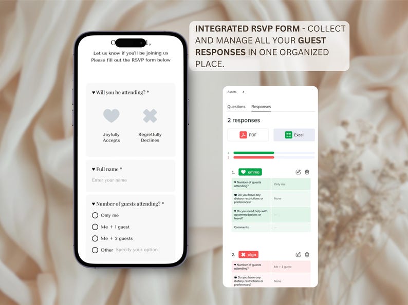 May include: A smartphone screen displays an RSVP form with options for accepting or declining an invitation. The screen also shows a guest response management interface with PDF and Excel export options. Text reads: "INTEGRATED RSVP FORM - COLLECT AND MANAGE ALL YOUR GUEST RESPONSES IN ONE ORGANIZED PLACE."