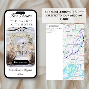 May include: A smartphone screen displays a wedding venue advertisement. The text reads "The Venue, The Garden City Hotel." The image shows a wedding ceremony setup. A map with directions is also visible. Text: "One click leads your guests directly to your wedding venue."