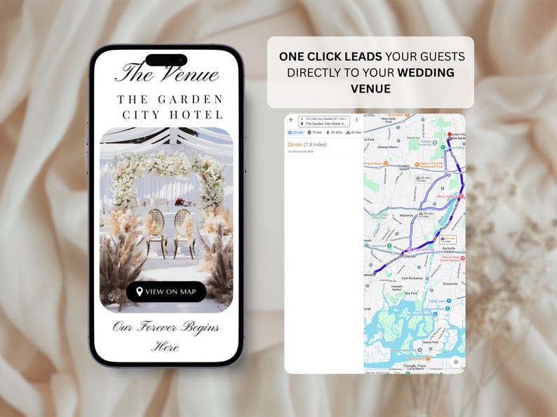 May include: A smartphone screen displays a wedding venue advertisement. The text reads "The Venue, The Garden City Hotel." The image shows a wedding ceremony setup. A map with directions is also visible. Text: "One click leads your guests directly to your wedding venue."