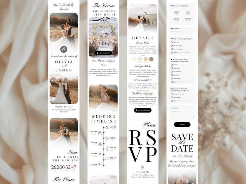 May include: A wedding invitation design with a cream background. The design includes photos of a couple, event details, and an RSVP section. The invitation features the names Olivia and James, and the date October 10, 2026.