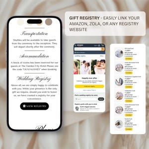 May include: A smartphone displays wedding details, including transportation, accommodation, and registry information. The screen shows a "View Registry" button. Additional screens showcase gift registry options and a wedding registry website.