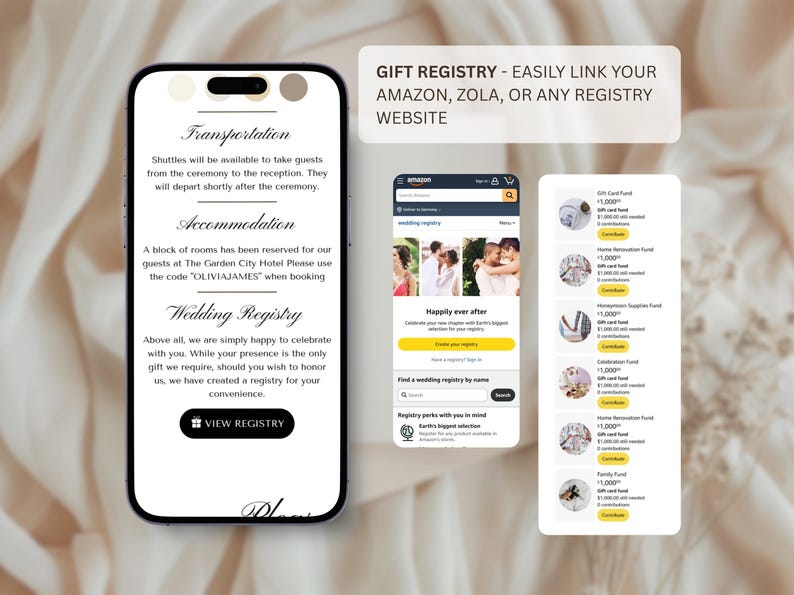 May include: A smartphone displays wedding details, including transportation, accommodation, and registry information. The screen shows a "View Registry" button. Additional screens showcase gift registry options and a wedding registry website.