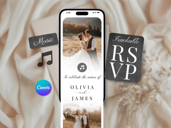 Minimalist Wedding Website Invitation Template with RSVP & Countdown, Animated Editable Canva Invite