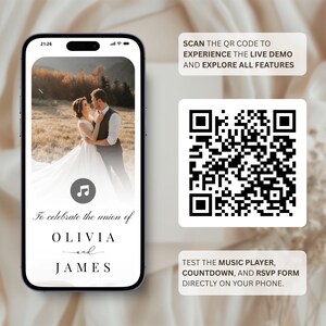 May include: A smartphone displays a wedding invitation with a photo of a couple. The text reads "To celebrate the union of Olivia and James." A QR code and text prompts users to experience a live demo and test features.