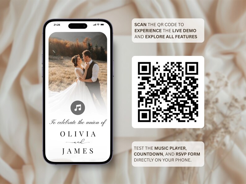 May include: A smartphone displays a wedding invitation with a photo of a couple. The text reads "To celebrate the union of Olivia and James." A QR code and text prompts users to experience a live demo and test features.