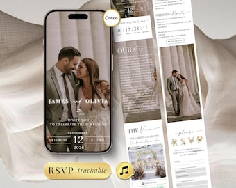 Minimalist Wedding Website Template with RSVP, Live Countdown & Music | Canva Save the Date Digital Invitation