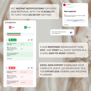 May include: Screenshots of a digital RSVP system with the text "GET INSTANT NOTIFICATIONS" and "EXCEL DATA EXPORT". The interface displays guest responses, with options to edit, print, and export data. The system offers email notifications.