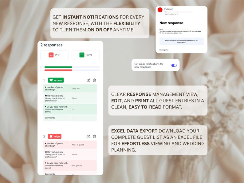 May include: Screenshots of a digital RSVP system with the text "GET INSTANT NOTIFICATIONS" and "EXCEL DATA EXPORT". The interface displays guest responses, with options to edit, print, and export data. The system offers email notifications.