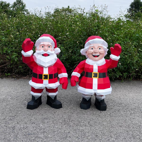 Manualidad de papel de Papá Noel y la Sra. Claus, decoración navideña en 3D (PDF, SVG)