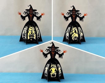 Set 3 Witch Lantern SVG, Halloween Paper Cut Template (PDF, Studio Files)