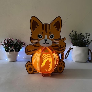 Lanterna di gatto carino SVG per progetti Cricut - Lampada di carta fai da te con gatto carino - PDF, file Silhouette Studio - Lanterne di carta Svg - Decorazione per la casa