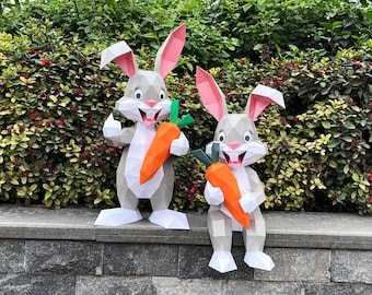 DIY Set 2 Easter Bunny Papercraft Template - Standing & Sitting Rabbit (PDF, SVG, Studio File)