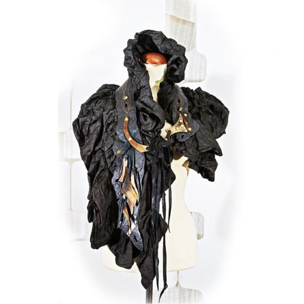 North Storm Black Silk Leather Shrug - Indie couture Fashion Accessory - wearable Art - modern design - Lapland - mystical Design