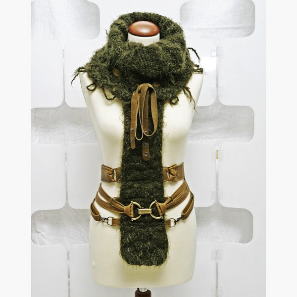 Strappy Moss Khaki Green knit Cowl neck Harness Scarf - Urban warrior Goddess Art wear Accessory fashion - Winter Warm Boho Edgy Chic - ooak -