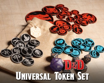 Universele DnD-tokenset - klassen, monsters, NPC's, items + tas - TTRPG, Pathfinder, Dungeonmaster, reisminiaturen, rollenspel, 5E