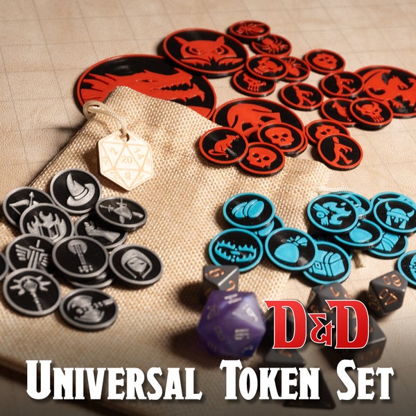 Set gettoni DnD universale - Classi, mostri, NPC, oggetti + borsa - TTRPG, Pathfinder, Dungeonmaster, miniature di viaggio, gioco di ruolo, 5E