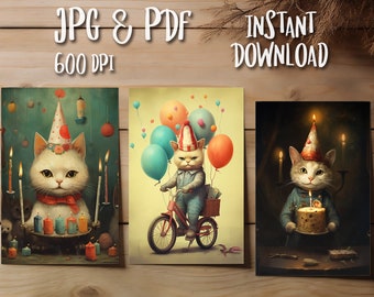 Cat Birthday Cards - Printable Postcards, Digital Download - High Resolution Din A6 600 dpi - Set of 3