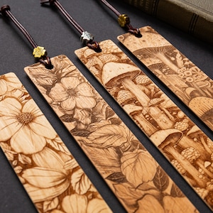 Wooden Bookmark - Flowers and Mushroom Forest - Engraved Hardwood Bookmarks - Intricate handmade floral and mushroom forest book mark