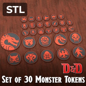 DnD Monster Token Set of 30 - 3D Printable STL Download for 5E D&D Pathfinder Tabletop Gaming and Virtual TTRPG