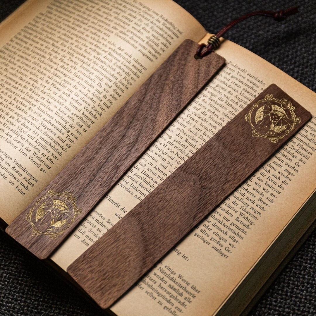Walnut Cat Bookmark: Gold Inlay, Leather Strap - Gothic Fantasy Reader ...