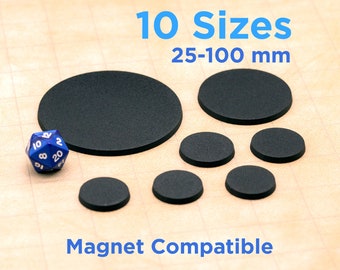 Universal Round Bases for Tabletop Games - Black - 25 28 32 40 50 65 75 80 90 100 mm with magnet slots - Reaper, Bloodbowl, Warhammer, D&D