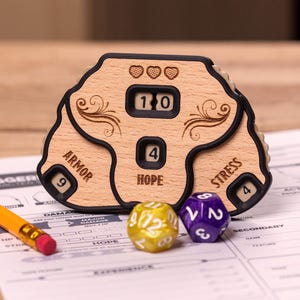 May include: Wooden RPG dice tracker with black edging and engraved details. The tracker shows numbers for armour, hope, and stress, with a 10 in the centre. Two multi-sided dice and a pencil are also present.