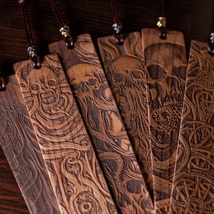 Wooden Cthulhu Bookmark - 6 Designs - Engraved Hardwood Bookmarks, skull and tentacles with leather strap and metal skull - Horror Fantasy