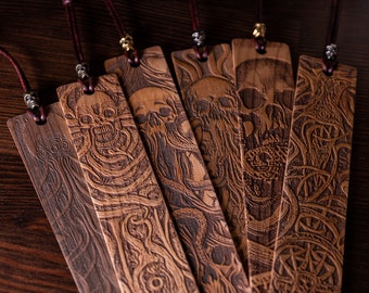 Wooden Cthulhu Bookmark - 6 Designs - Engraved Hardwood Bookmarks, skull and tentacles with leather strap and metal skull - Horror Fantasy