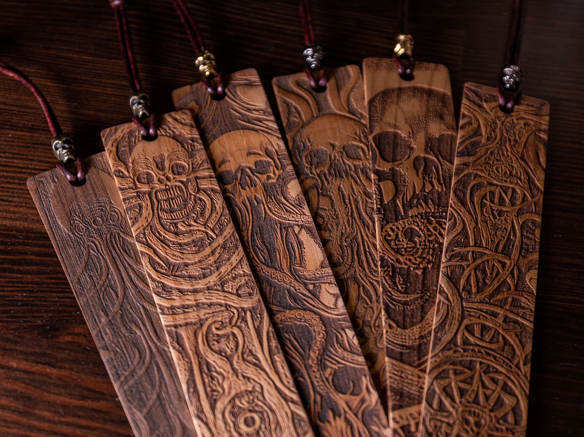 Wooden Cthulhu Bookmark - 6 Designs - Engraved Hardwood Bookmarks, skull and tentacles with leather strap and metal skull - Horror Fantasy