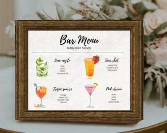 Digital Printable Wedding Menu Sign, Watercolor Wedding Bar Menu ...