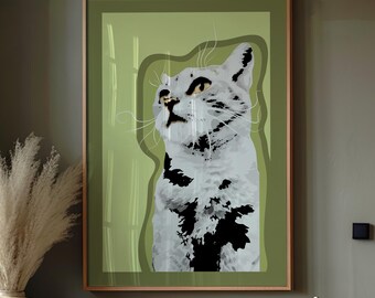 Minimalist Tabby Cat Portrait Art: Green Accent (Digital Download)