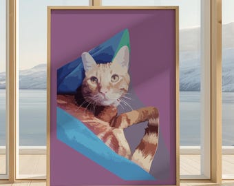 Minimalist Cat Illustration Art Printable, Digital Orange Tabby Cat Wall Decor Hanging
