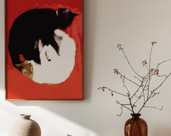 Yin Yang Cat Art Print: Black and White Feline Illustration