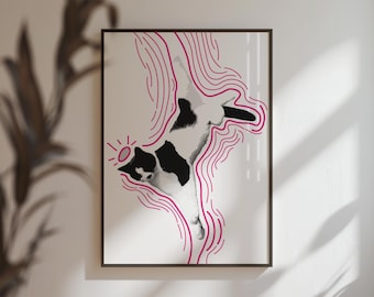 Tuxedo Cat with Pink Crown Art Print: Modern Wall Decor
