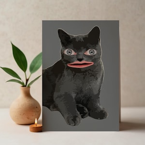 Déco murale numérique chat gris, collage de portraits d'humain et de chat pour tenture murale et carte postale