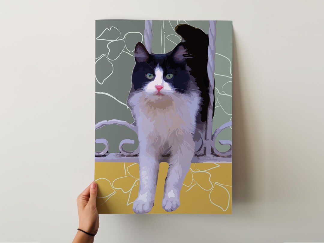Tuxedo Cat Print Wall Art, Felix Cat is on Garden Wall Illustration for ...