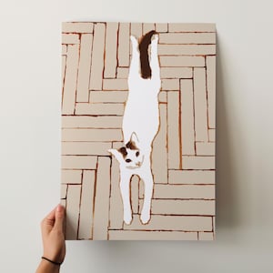 Decorazione da parete con stampa di gatto bianco, illustrazione astratta del gattino sdraiato sul pavimento, regalo artistico per amanti dei gatti e dell'arte