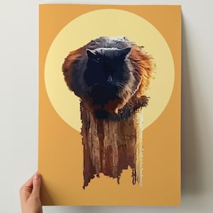 Stampa artistica da parete con gatto nero, poster con illustrazione di un soffice gatto nero con legno per amanti dell'arte e dei gatti