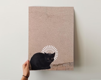 Black Cat Art Print: Modern Halo Cat Wall Decor
