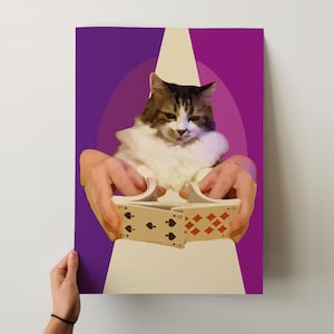 Art mural chat mignon violet, chat joueur avec cartes à jouer affiche cadeau pour ami amateur de poker