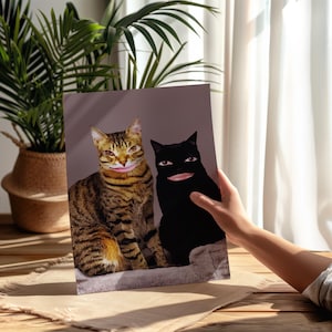 Impression d'art collage 2 chats prête à télécharger, décoration murale collage surréaliste chat tigré et chat noir et carte postale pour maman chat admiratrice d'art