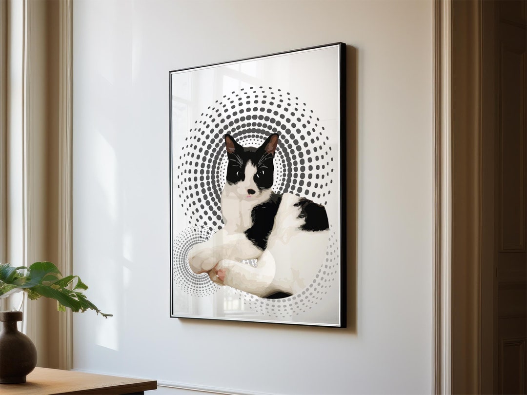 Tuxedo Cat Art Print: Black & White Cat With Dot Halo - Etsy