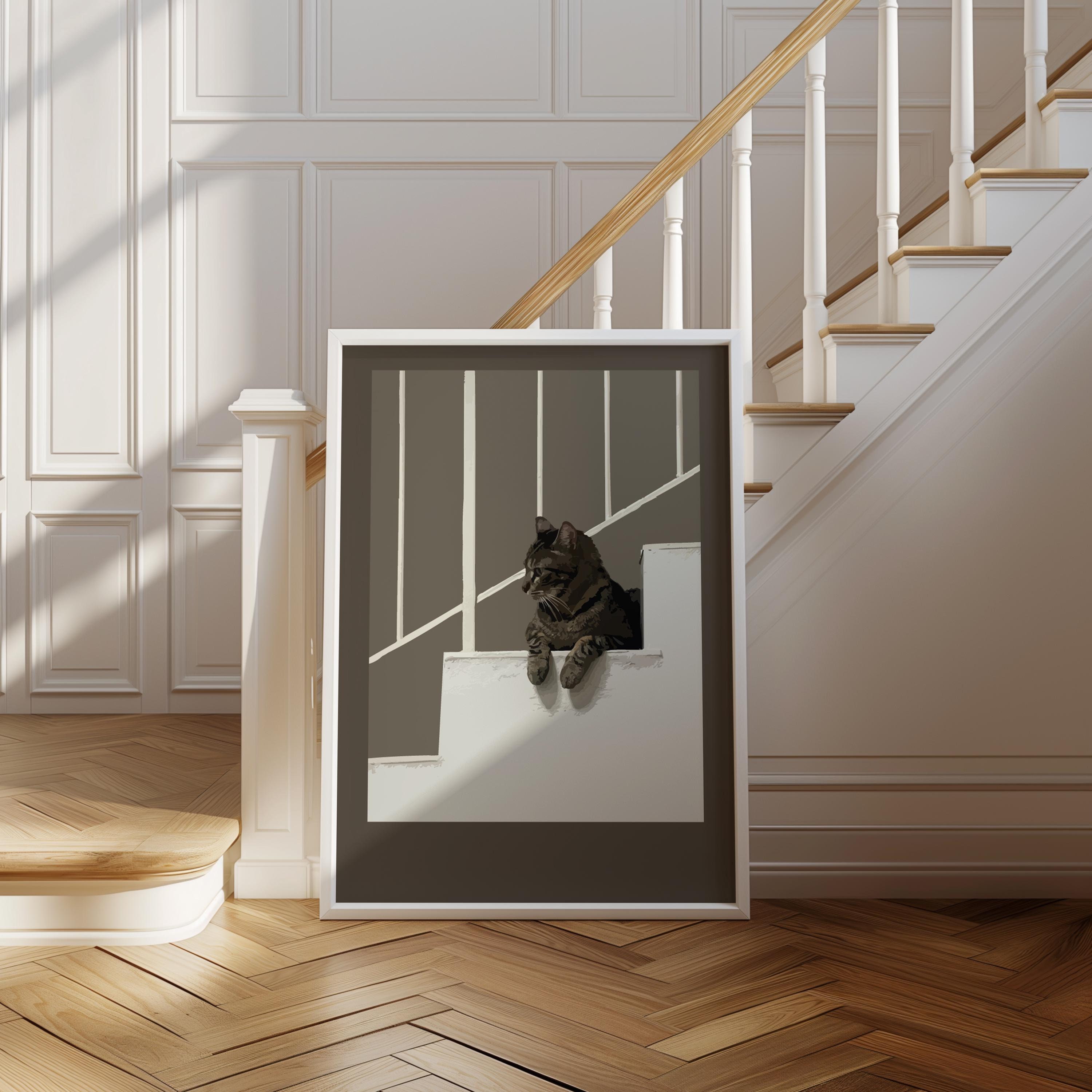 Tabby Cat on Stairs Print: Cat Lover Wall Art