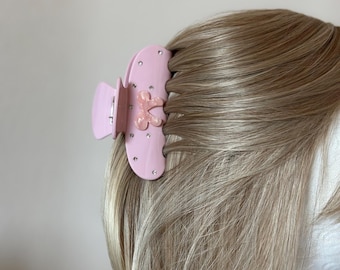 Aardbeiengelato | Roze klauwklem van acetaat met strass en strik | Zacht esthetisch haaraccessoire voor meisjes