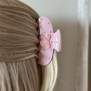 Strawberry Gelato | 4.1&quot; Pink Acetate Rhinestone Bow Claw Clip | Summer Claw Clip | Gift for Her | Coquette Aesthetic Hair Accessory
