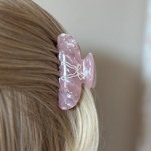 Sparkles | White Painted Bow Pink Pearlescent Acylic Claw Clip with Rhinestone | Coquette Aesthetic Hair Accessories